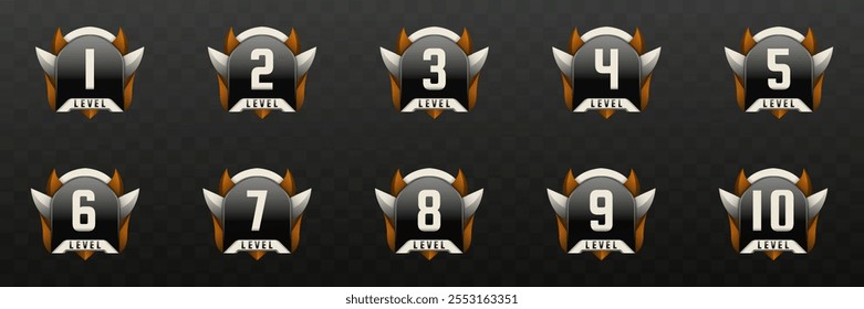 Insignias de nivel de juego en color negro, plateado y marrón chocolate para Diseños de interfaz de usuario del juego
