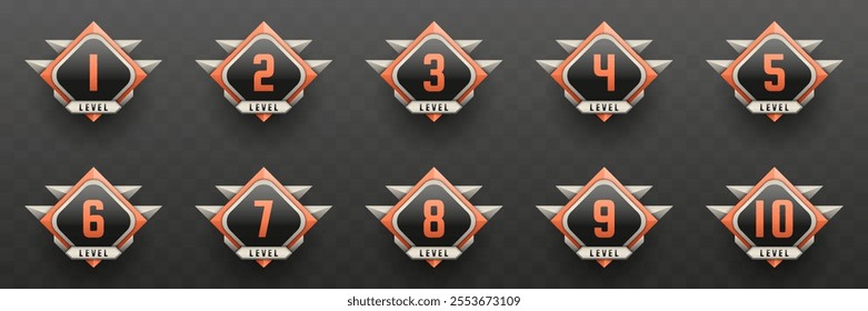 Game Level Up Badges in Black, Silver and Coral Color-Themed for Game UI Designs