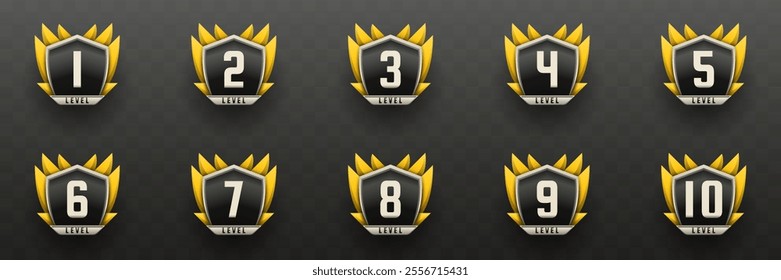 Game Level Up Badges in Black, Silver and Mustard Yellow Color-Themed for Game UI Designs