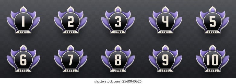 Game Level Up Badges in Black, Silver and Lavender Color-Themed for Game UI Designs