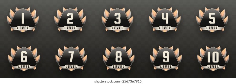 Game Level Up Badges in Black, Silver and Peach Color-Themed for Game UI Designs