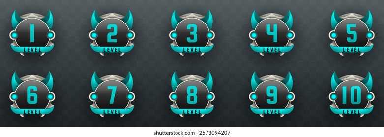Game Level Up Badges in Black, Silver and Teal Color-Themed for Game UI Designs