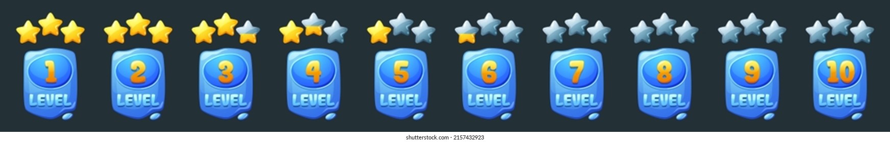 Game level blue badges with gold rating stars isolated on background. Vector cartoon icons set of achievement rank labels, liquid shape emblems with game level number and score