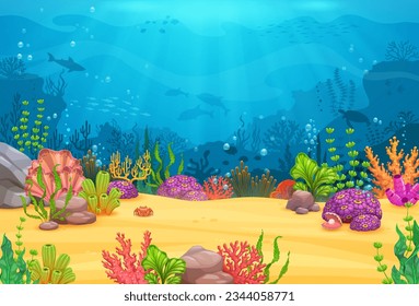 Nivel de juego. Caricatura submarina con algas, corales y arrecifes, animales marinos y peces. Océano vectorial bajo el fondo del agua con delfines, tiburones, cangrejos, tortugas marinas y algas en olas de agua azul