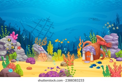 Game level. Cartoon underwater landscape with sunken ship and amphora house building. Vector fantasy background with mermaid home. Fairytale dwelling with greek columns and and seaweeds on sea bottom