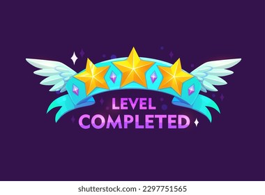 Game level complete. Arcade achievement rating, videogame level up prize or reward vector symbol, casino success sign. Gaming task complete, winner rank icon with three golden stars on blue ribbon