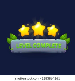 Game level complete badge or icon with golden stars, green leaves and stone plate. Isolated ui or gui popup screen asset, button, banner for mobile app or game menu interface