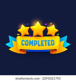 Game level complete badge or icon. Vector ui or gui interface element, reward popup stars with blue and gold banner. Award or bonus for mobile app, video or online game successful competition