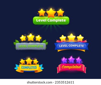 Iconos de la insignia de nivel de juego completos o nivelados con estrellas brillantes, hojas verdes, placa de piedra y cintas o carteles coloridos. activos de pantalla emergente Ui o gui, botón para la interfaz de la aplicación móvil o del menú de juegos