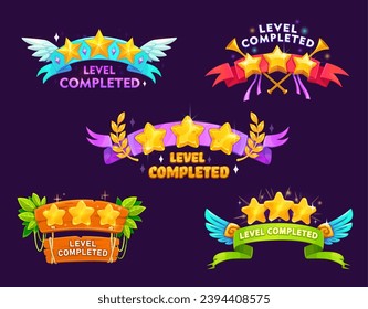 Game level complete or level up badge icons. Videogame win symbols, gambling app victory vector icons or mobile game GUI level complete popup banners, award buttons with golden star, ribbon and wing