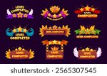 Game level complete. Completed gaming map or victory win achievement ui badges, stars on board or ribbon levels score interface button winner bar cartoon swanky vector illustration original artwork