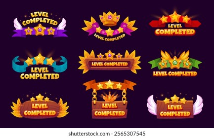 Game level complete. Completed gaming map or victory win achievement ui badges, stars on board or ribbon levels score interface button winner bar cartoon swanky vector illustration original artwork