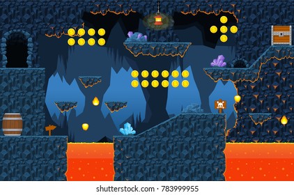 Game level design with volcano and hot lava theme for adventure games