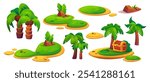 Game level elements set - tropical setting with palm trees, sand island platforms with green grass, wooden treasure chest and brown rocks. Bright cartoon tropical adventure mobile gaming assets.