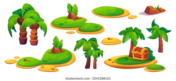 Conjunto de Elementos de nivel de juego: entorno tropical con palmeras, plataformas de islas de arena con césped verde, cofre del tesoro de madera y rocas marrones. Activos de juego móviles de aventura tropical de dibujos animados brillantes.