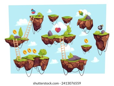 Game level with flying ground. Cartoon 2D stage with coins hearts floating wooden stairs, grass and stones for mobile platform game. Vector illustration of ground game level, platform landscape