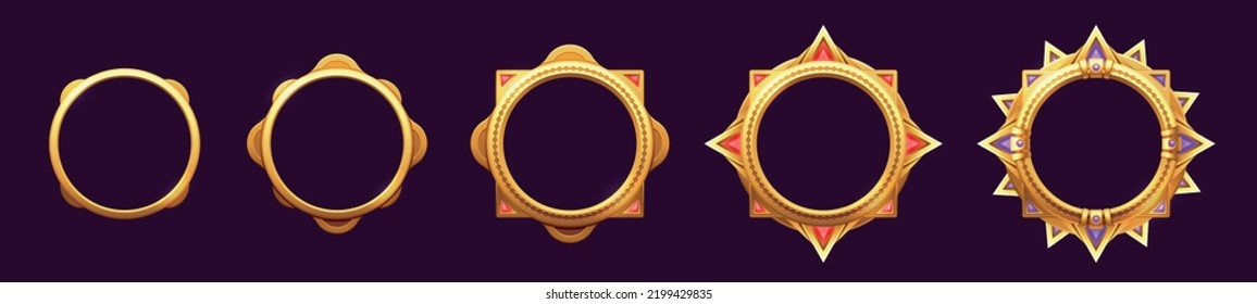 Game level frame. Cartoon round UI avatar border kit, circle game asset icons mobile web user interface, GUI sprite collection. Vector isolated set. Royal medieval circular framing - Shutterstock ID 2199429835