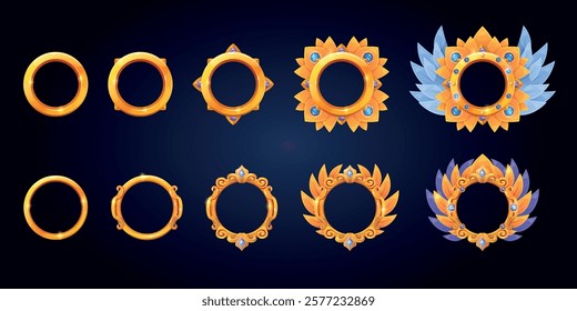 Game level frames. Golden circle borders, user avatar gaming rank progress gold ring ui asset round button medieval fantasy rpg decor levels up frame, swanky vector illustration original artwork