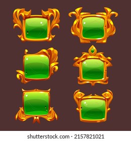 Game level golden ui badges, medieval award frames, icons, buttons, or empty banners with green glossy plank and gold decorated wreaths. Isolated vector graphic elements for rpg, bonus, experience