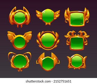 Game level golden ui icons, buttons, empty badges or banners with green glossy plank, gold wings, laurel wreath or spider legs decor. Isolated award or bonus frames, Vector graphic elements for rpg