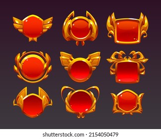 Game level golden ui icons, buttons, isolated award or bonus frames, empty badges or banners with red glossy plank, gold wings, laurel wreath or spider legs decor. Vector graphic elements for rpg