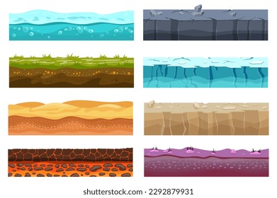 Game level ground mega set elements in flat design. Bundle of water, grass with soil, desert sand, hot lava, stone, snow and ice, rockland templates. Vector illustration isolated graphic objects