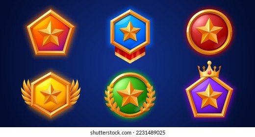 Game level icons, medals, stars, ui badges with wings, laurel and golden crown. Isolated gold award trophy for user experience and ranking. Bonus, reward, achievement and prize for rpg vector set