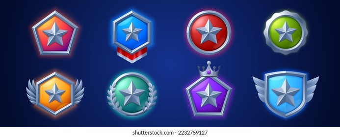 Game level icons, silver medals, stars, ui badges with wings, laurel and crown. Isolated award trophy for user experience and ranking. Bonus, reward, achievement and prize vector illustration, set