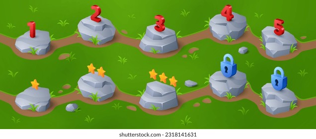 Indicador de nivel de juego para seleccionar en map ui diseño de dibujos animados de interfaz. césped isométrico verde con marca de roca de piedra, número y estrella. Puntero de la naturaleza y lugar de bloqueo. 2.ª plantilla de selección de progreso