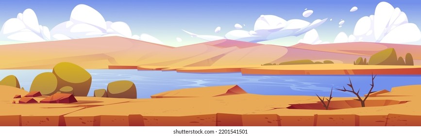 Game Level Landscape Of African Desert With Oasis. Ground Texture Background With Sand Dunes, River Or Lake, Dry Plants And Green Bushes, Vector Cartoon Illustration