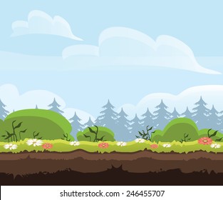 game level landscape background with meadow, flowers, forest, bushes, grass and clouds - mobile and computer game user interface