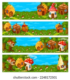 Game level landscape cartoon fairy houses and dwellings. Game level environment vector backgrounds with fairy creature hive, mushroom and snail shell dwellings, hobbit forest house or huts svg