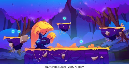 Game level landscape with ground platform and floating islands, magic fantasy glowing trees and grass, blue neon spheres to collect. Cartoon vector illustration of videogame fairy alien land.