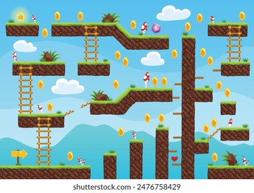 Game level map. Arcade 2d video game for old computer or console. Cartoon computer or mobile arcade with bonus items, jumping road to goal play. Vector cartoon illustration