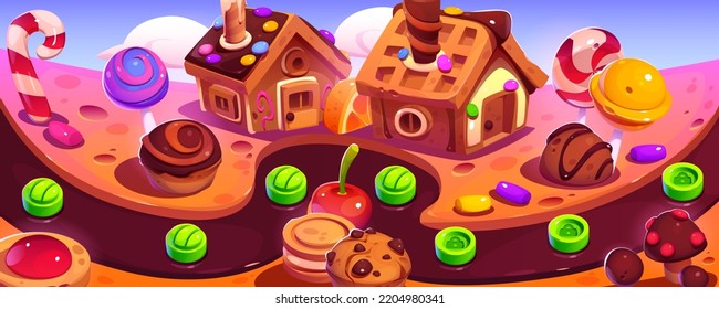 Game level map of fantasy sweet world with chocolate river, gingerbread houses, cakes and lollipops. Vector cartoon illustration for mobile game background with candies and desserts