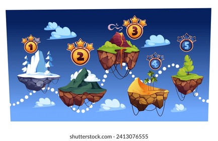 Game level map with floating ground. Screen stage scene with sky, rocks, trees and grass, lake and mountain. Vector fantasy landscape with floating rocks. Illustration of platform cartoon landscape