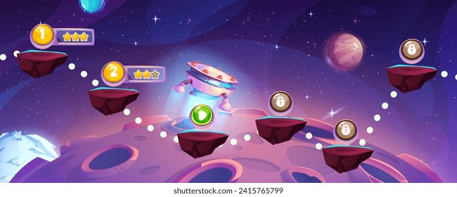 Game level map with floating islands and star rating, flying spaceship on outer space background with alien planets. Cartoon videogame universe interface with rock platform stage on route for jump.