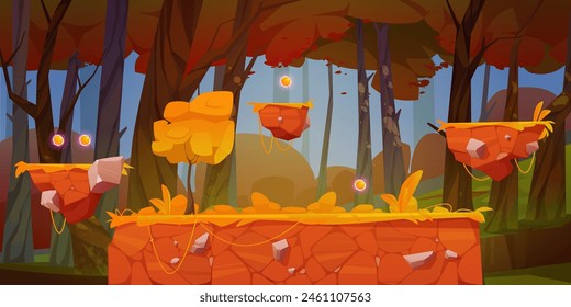 Game level map with flying ground platform for run and jump gameplay. Cartoon vector illustration of autumn forest with soil and stone floating islands with yellow grass. Fall landscape gui design.