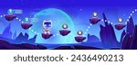 Game level map with jump platform, rating stars and close tier on space alien planet background with stone mountains, rock cliff, celestial body on blue sky and robot astronaut as player character.