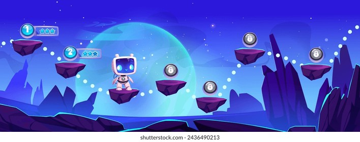 Game level map with jump platform, rating stars and close tier on space alien planet background with stone mountains, rock cliff, celestial body on blue sky and robot astronaut as player character.