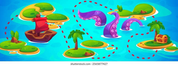 Game level map with marked path - boat with red sails on blue sea or ocean water background, tropical islands with sand beach and palm trees, octopus tentacles, treasure chest at finish of way.