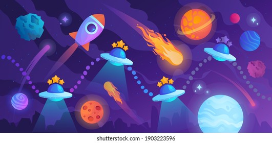 Game level map with spaceship and alien flying saucers, cartoon 2d gui landscape, computer or mobile arcade. Space cartoon background. Colored flat cartoon vector illustration