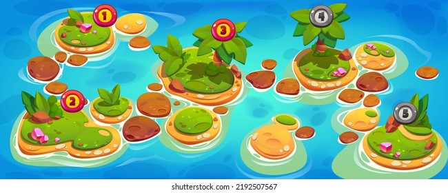 Game level map with tropical islands in sea. Game interface background with ocean beach, palm trees, stones, gems and level numbers, vector cartoon illustration