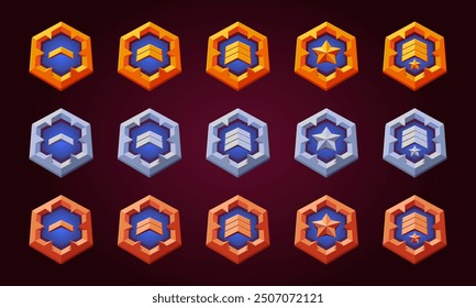 Game level up medal rank badges set. Vector flat golden emblem for progress and award. Rank insignia, victory achievement award success. High quality vector gold, silver and bronze. Blue color.