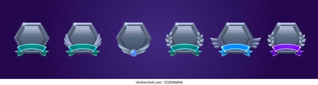 Iconos de ui metálicos a nivel de juego, insignias hexagonales vacías con pancartas, alas, piedra gema o corona laurel. Marcos de recompensa de metal aislado o elementos gráficos de bonificación, recompensa, trofeo vector de logro Set para rpg