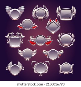 Game level metallic ui icons, empty silver or steel badges, banners with wings, gem stone or laurel wreath. Isolated metal award frames or bonus graphic elements, trophy achievement vector set for rpg