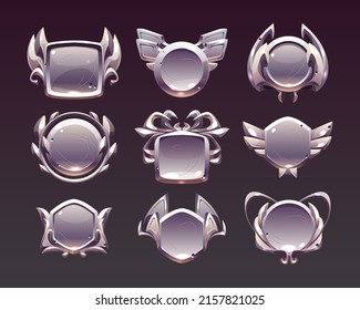 Game level metallic ui icons, empty silver or steel badges, banners with wings, spider or laurel wreath. Isolated metal award frames or bonus graphic elements, trophy achievement vector set for rpg