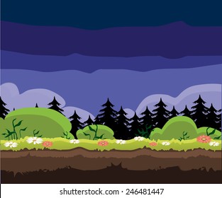 Game level night time landscape background with meadow, flowers, forest, bushes, grass and clouds - mobile and computer game user interface