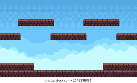 Nível de jogo com pixel art tijolo plataformas contra um céu azul. Fundo de videogame retro para conceito de design de arcade de 8 ou 16 bits.