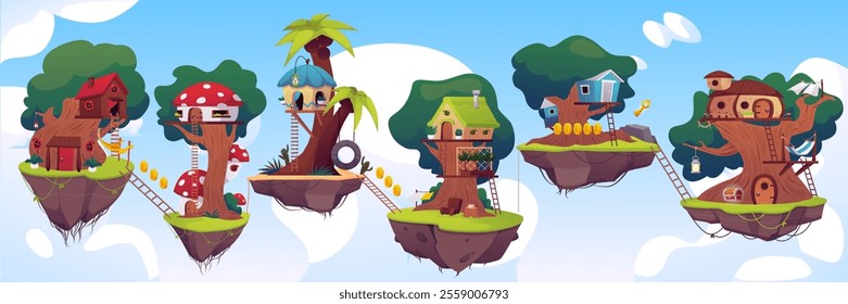 Game level platforms, islands with huts on the tree trunk and awards floating in the sky. Vector flat cartoon cute fairy tale village houses on rock land, golden coins, key and treasure chest